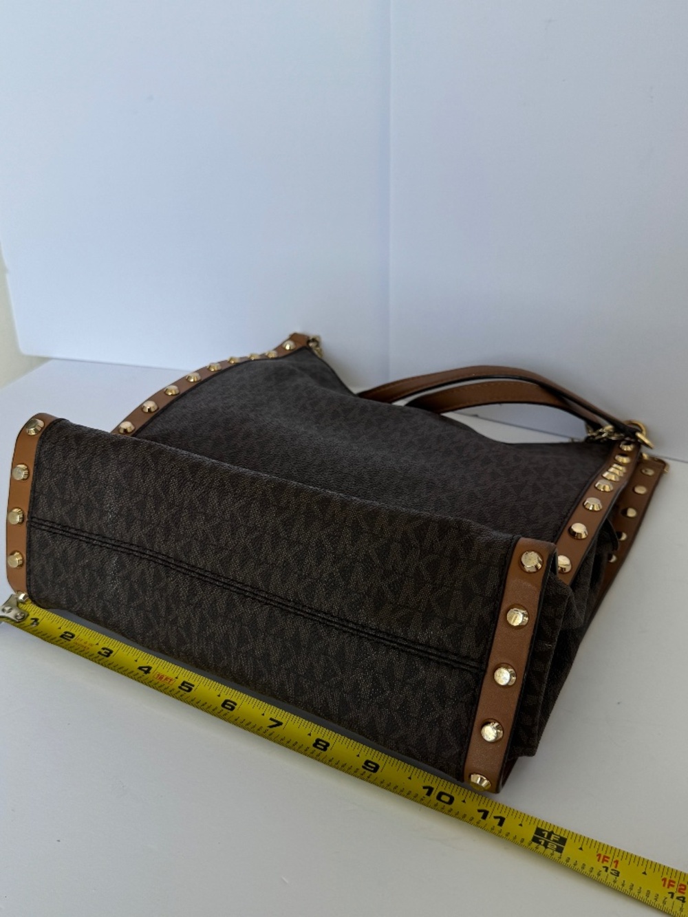 Michael Kors Newbury Brown Signature Studded Chain Shoulder Bag Gold Hardware - Picture 12 of 15